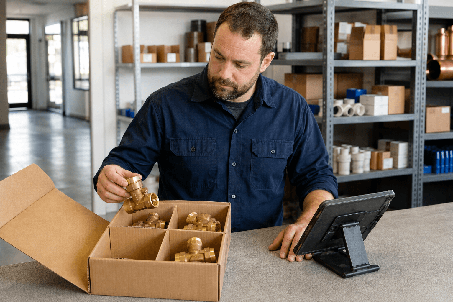 Une personne vérifie des pièces de plomberie à la réception, une tablette près du carton