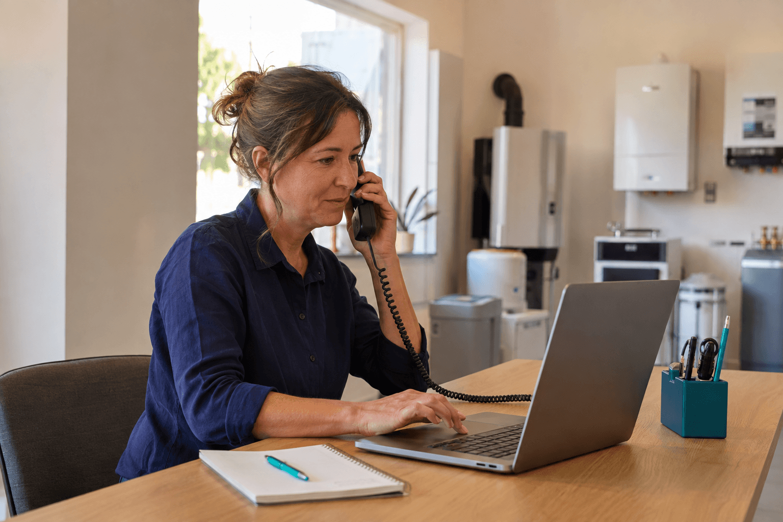 Une personne répond au téléphone en consultant son ordinateur portable